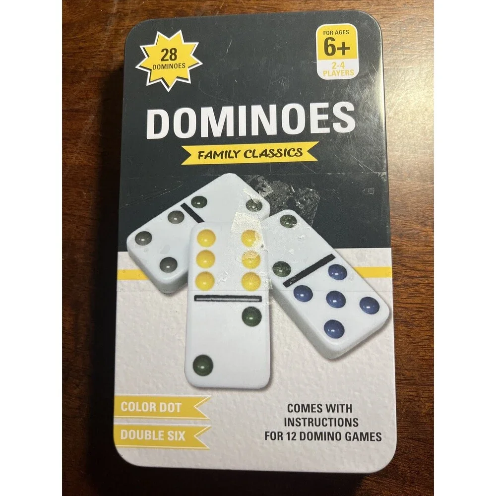 DOMINOES - Family Classics - Double Six Color Dot NEW in Tin Case